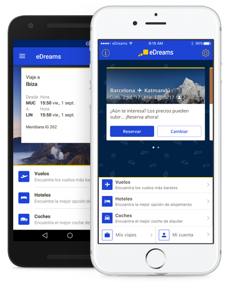 eDreams aplicación móvil La aplicación móvil eDreams en dos teléfonos, un iPhone y un Android.