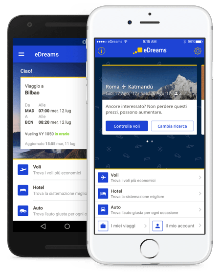 eDreams applicazione mobile l'app mobile eDreams su due telefoni, un iphone e un android