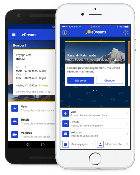 top-min l'application eDreams sur 2 téléphones iphone et Android